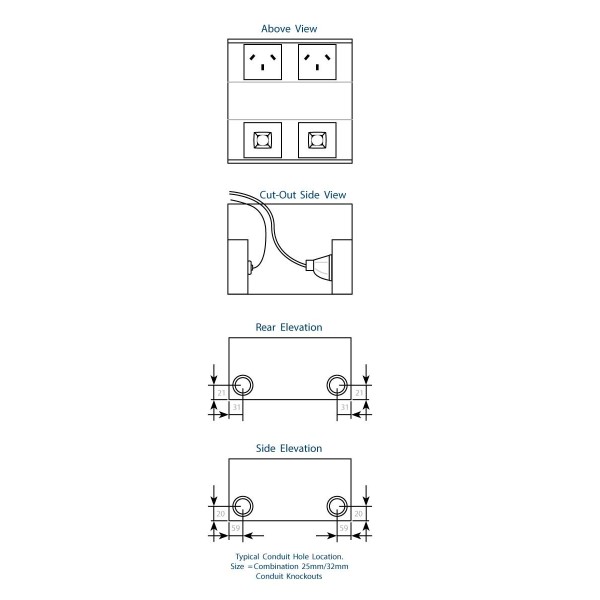 FFOB-522 2 x 10amp AUTO SWITCHED SQUARE GPO OUTLET 2 X SINGLE DATA