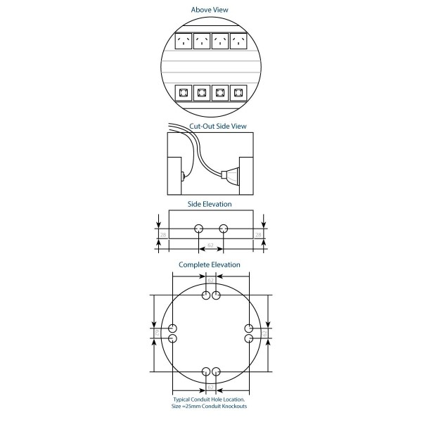 FFOB-595 ROUND CARCASS 4 X 10amp AUTO SWITCHED OUTLET 4 X SINGLE DATA
