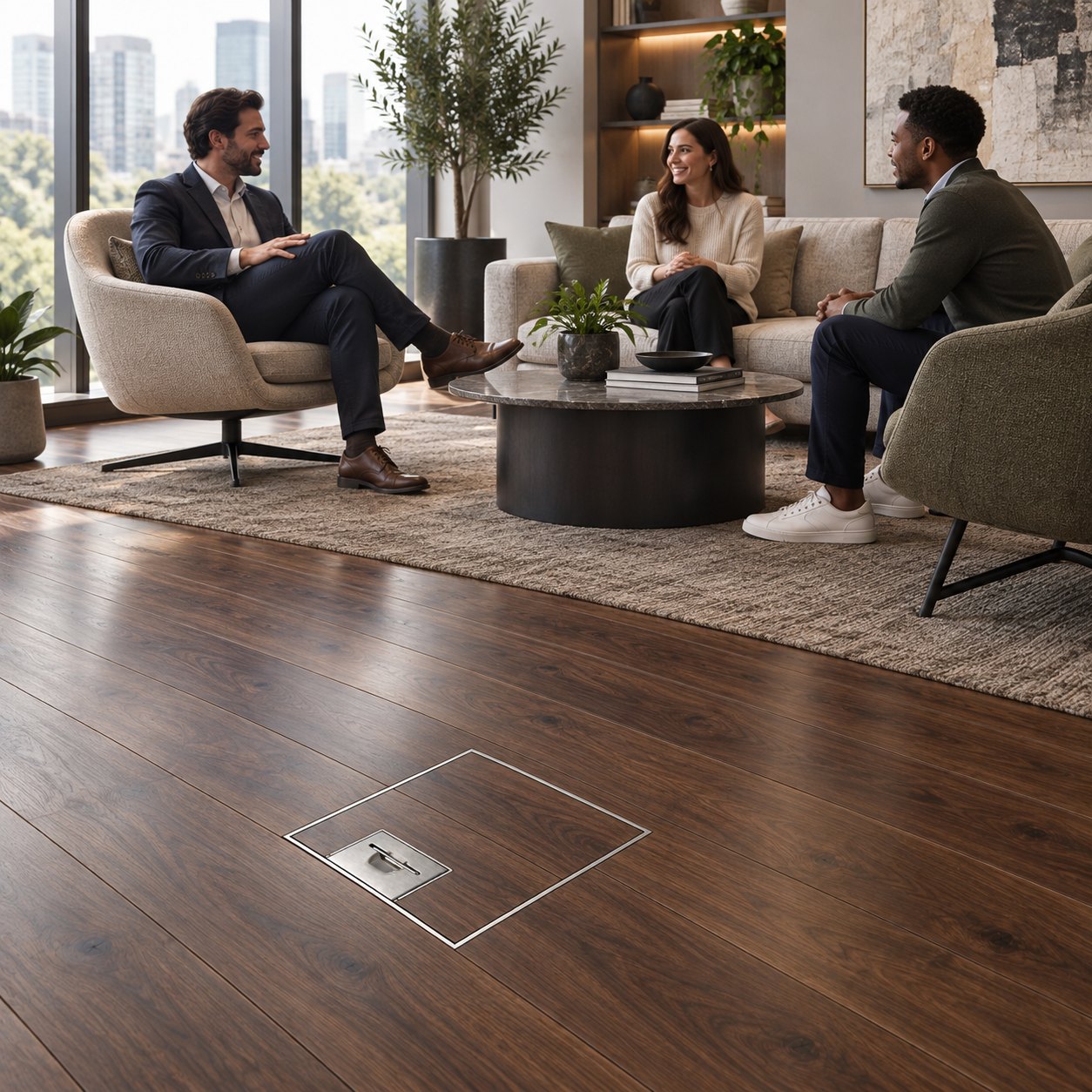 Flush stainless floor box installed in a timber floor in an office lounge